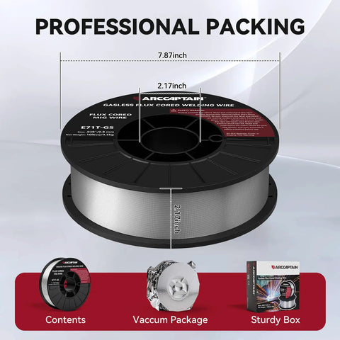 Heavy Duty Flux Core Welding Wire E71T-GS .030 Inch Diameter 10 Pound Coil in professional packing with dimensions.