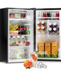 Frostorm 3.2 cu ft mini fridge with freezer in black, front view, open doors showing beverages and juice cartons