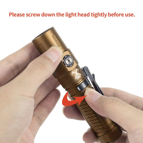 Person holding Beast Mode Bright 2403 Lumen USB C Rechargeable Flashlight With CREE XHP 35.2 LED Desert Tan, screwing light head.