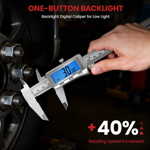 Using Six Inch Digital Caliper With Rechargeable Battery Backlit LCD Screen to measure tire bolts in low light