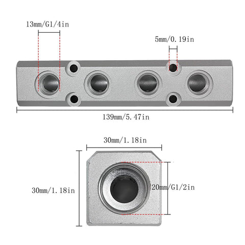 Four Way Pneumatic Manifold Aluminum Alloy Air Distribution Block With G1/2 Inlet Ports And G1/4 Outlets, 5.47 Inches Long