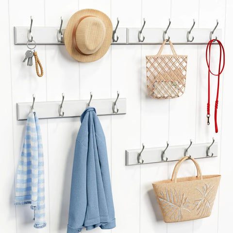 White Wall Mount Coat Rack 4 Pack With 16 Hooks The Go To Key Holder And Bag Hanger For Closet Hats Belts Purses Backpacks Leashes Space Saving Wall Organizer For Home And Hallway showcasing hats, keys, leashes, and bags