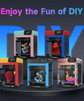 Colorful Adventurer 5M DIY 3D printers on display with printed models inside, showcasing enclosure accessories kit for safe printing.