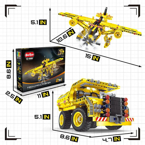 2-In-1 Dump Truck And Propeller Plane Build Kit For Kids Aged 5 To 12, 361+ Pcs DIY STEM Construction Toy, box and models