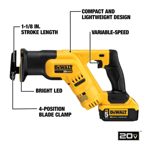 Compact 20V Cordless Reciprocating Saw Kit With 5Ah Battery For Tight Spaces Between Studs Fourteen And A Half Inch Length Four Position Blade Clamp For Flush Cuts