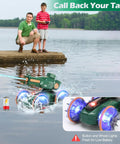 Amphibious RC Car Boat For Kids Ages Five To Twelve, Water Squirting Remote Control Vehicle with LED lights on a lake.