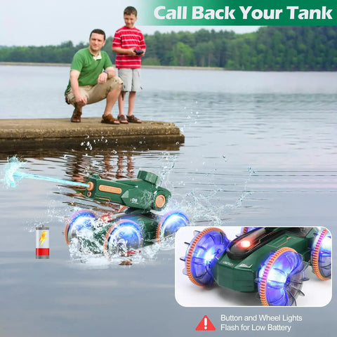 Amphibious RC Car Boat For Kids Ages Five To Twelve, Water Squirting Remote Control Vehicle with LED lights on a lake.