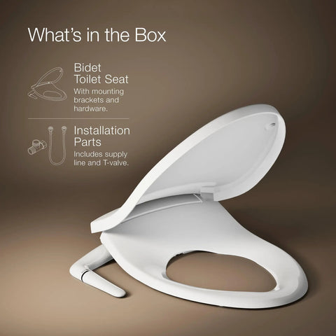 No Fuss Easy Install Bidet Toilet Seat M250 With Manual Adjustable Spray Quiet Close Lid shown with installation parts included
