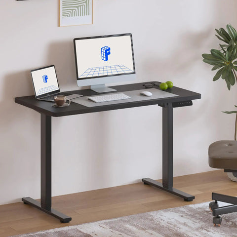 FLEXISPOT Electric Standing Desk With 40x24 Seamless One-Piece Black Desktop, dual monitors setup, modern ergonomic design.