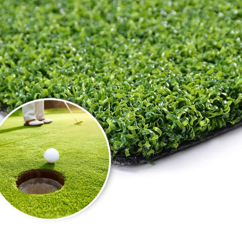 Putting Green Golf Mat 6x10 Ft Indoor Outdoor Synthetic Grass Turf For Home Practice And Training close-up with golf ball and hole.