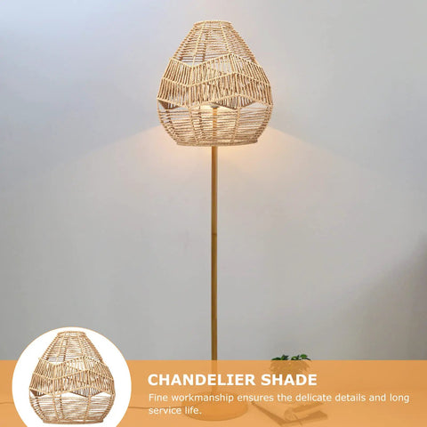 Natural Rattan Woven Pendant Lamp Shade With Hemp Rope Cover, standing floor light variant, Rustic Boho Chandelier