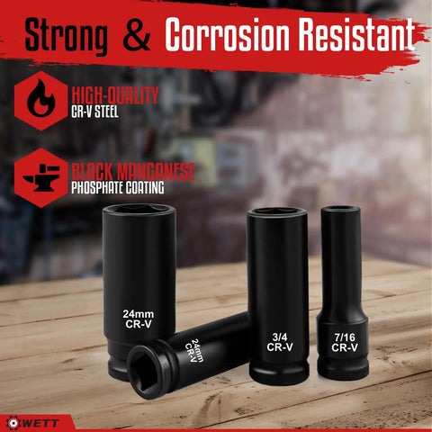 Three Eighth Inch Drive Impact Socket Set With Forty Eight Piece SAE And Metric Deep And Shallow Sockets Plus Three Inch And Six Inch Extension Bars Three Eighth Universal Joint And Three Eighth To One Half Inch Adapter Cr V Steel Six Point showing corrosion resistant CR-V steel sockets.