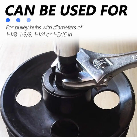 Heavy Duty Carbon Steel Power Steering Pump Pulley Removal Tool Set in use, gripping pulley hub for sizes 1-1/8 to 1-5/16 inches.