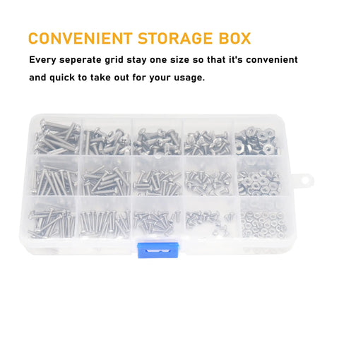 Pro Grade Pan Head Phillips Machine Screws And Hex Nuts Assortment Kit 360 Piece 304 Stainless Steel organized in a clear storage box.