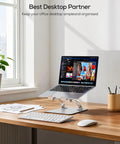 Ergonomic Adjustable Laptop Stand For Desk With Dual Foldable Riser And Heat Vent System on wooden desk with laptop