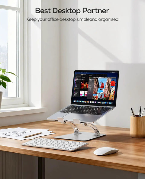 Ergonomic Adjustable Laptop Stand For Desk With Dual Foldable Riser And Heat Vent System on wooden desk with laptop