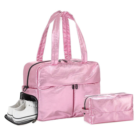 45L Waterproof Duffle Bag For Women Lightweight Carry On Weekender with shoe pocket shown in pink
