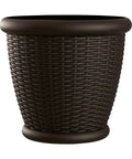 Front view of 18 Inch Resin Wicker Planter For Indoor And Outdoor Use All American Style Durable Plastic Construction With Moisture Retention Brown Finish Weather Resistant Made In USA.