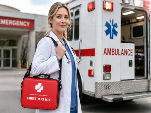 Medical professional holding Hard Shell Waterproof First Aid Kit With 262 Pieces outside ambulance and emergency room