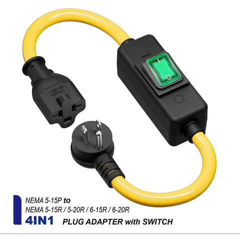 Heavy Duty Outdoor Waterproof Extension Cord With In Line On Off Switch And 12 AWG SJTW Wire 125V 20 Amp IP57 Rated Built To Last Weatherproof Power For Outdoor Use T Blade Female Connector And DIY Projects showing NEMA plug adapter.