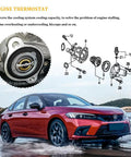 Top Tier Engine Coolant Thermostat With Heavy Duty Gasket Compatible With Honda Civic Crv Crz showing engine and vehicle in scenic setting.