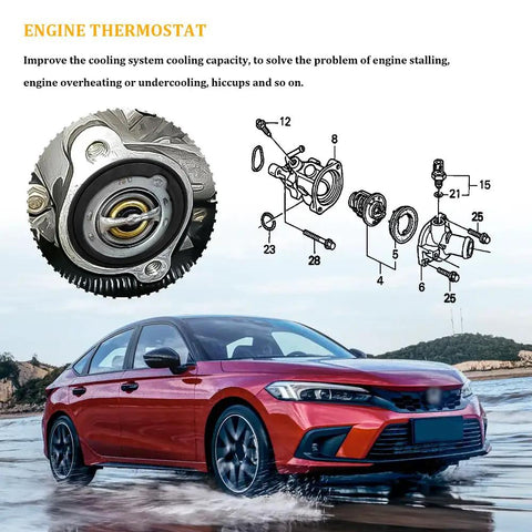 Top Tier Engine Coolant Thermostat With Heavy Duty Gasket Compatible With Honda Civic Crv Crz showing engine and vehicle in scenic setting.