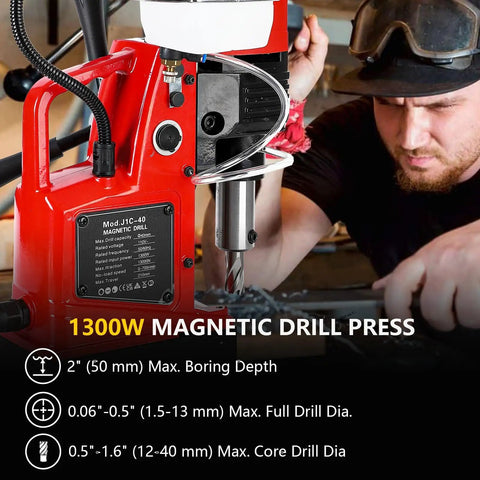 Powerful 1400W Magnetic Drill Press With 2 Inch Boring Capacity And 810 RPM, close-up of drill features and specs.