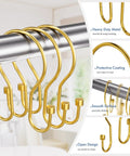 Dark Gold Double Shower Curtain Hooks With Cylindrical Design 12 Pack Metal Rust Proof Rings For Smooth Glide And Balanced Hanging On Your Shower Curtain Rod visible with close-up on hooks' features.