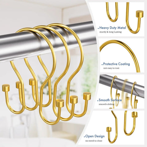 Dark Gold Double Shower Curtain Hooks With Cylindrical Design 12 Pack Metal Rust Proof Rings For Smooth Glide And Balanced Hanging On Your Shower Curtain Rod visible with close-up on hooks' features.