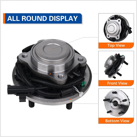 Rear Wheel Hub And Bearing Assembly Direct Fit For 2008 2012 Dodge Grand Caravan, 2008 2012 Chrysler Town And Country, And 2009 2012 VW Routan With ABS 5 Lug Easy Install Replacement Part, top and side views displayed