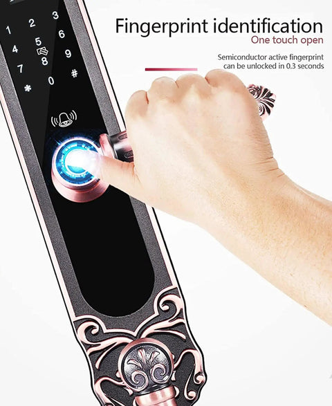Hella Secure Electronic Keypad Deadbolt With Keyless Entry Door Lock and Auto Lock, fingerprint identification feature in use.