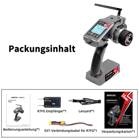 7 Channel 2.4GHz RC Transmitter With R7FG Gyro Receiver Kit components and remote controller display