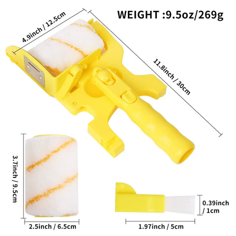 Paint Edger Roller Brush Kit with Handheld Edger and Roller showing size dimensions and yellow ABS plastic material