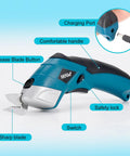 Smooth Cruising Cordless Electric Scissors 37 Volt Rechargeable Fabric Cutter with ergonomic handle, release blade button, and safety lock.