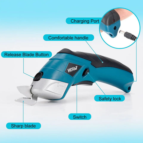 Smooth Cruising Cordless Electric Scissors 37 Volt Rechargeable Fabric Cutter with ergonomic handle, release blade button, and safety lock.