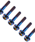 Six burnt-blue titanium M8x40 external-hex flange bolts, diagonal view