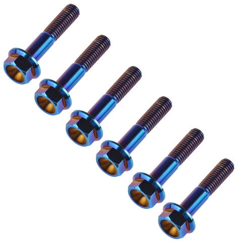 Six burnt-blue titanium M8x40 external-hex flange bolts, diagonal view