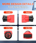 Front and back views of 9Pin J1939 Male To 16Pin OBD2 Female Diagnostic Adapter for Heavy Duty Trucks shown with connector details