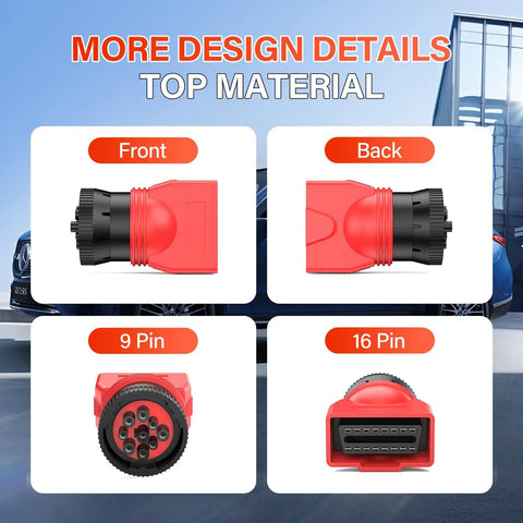 Front and back views of 9Pin J1939 Male To 16Pin OBD2 Female Diagnostic Adapter for Heavy Duty Trucks shown with connector details