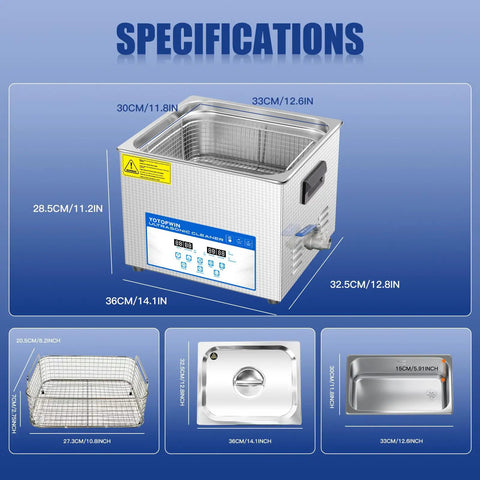 15L Ultrasonic Cleaner With Heater And Degassing, 110V 360W Workhorse, stainless steel tank and digital timer specifications