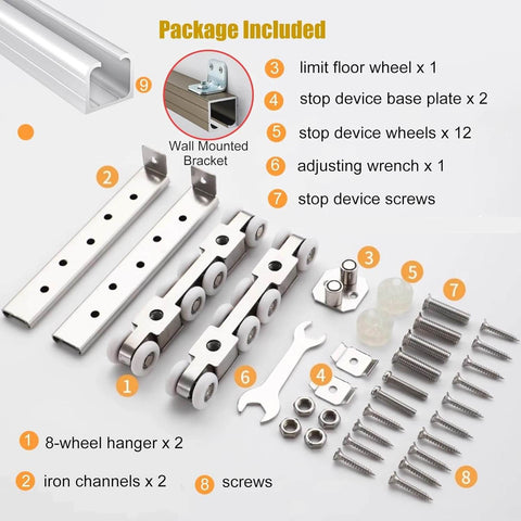 Beefed Up Long Box Rail Sliding Door Hardware Kit With Heavy Duty Aluminum Track For Wall Or Ceiling Mount, 8 Wheel Hanger System