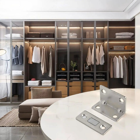 Ultra Slim Stainless Steel Magnetic Door Catch with Ultra Strong Hold for cabinets in a modern wardrobe setting.