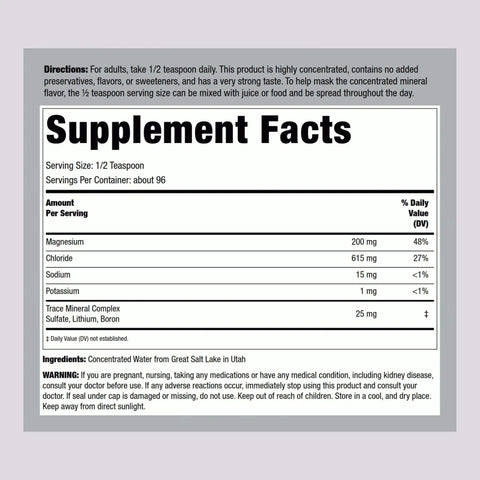 Supplement facts panel for Trace Mineral Liquid Supplement For Real Wellness And Energy 8 Fl Oz Therapeutic Grade Non GMO