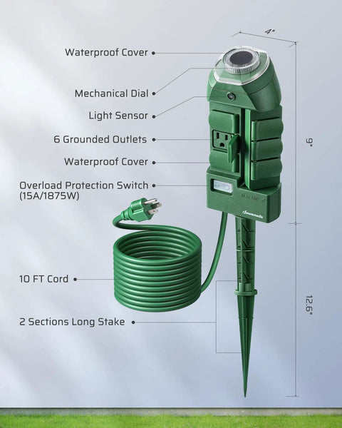 Dope Outdoor Power Strip Timer With Photocell, Weatherproof 6 Outlet Yard Stake Power Strip, Dusk To Dawn Light Control