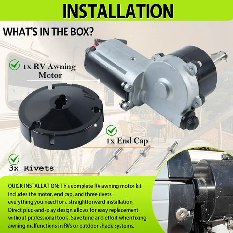 RV Awning Motor Drive Repair Kit For Dometic 9200 Series Power Awnings with motor, end cap, and rivets in packaging