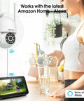 Outdoor 2K WiFi Security Camera With Auto Tracking And Color Night Vision shown with Alexa integration indoors.