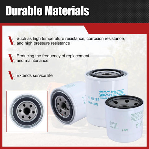 Beefed Up All In One Maintenance Filter Kit For Kubota L Series Tractors L2800 L3200 L3400 L3700SU L3800 HST Includes Oil Fuel Air And Hydraulic Filters Replaces HH164-32430 HHK70-14073 HH3A0-82623 6A320-59330 filters showing three filter types with durable material benefits listed.
