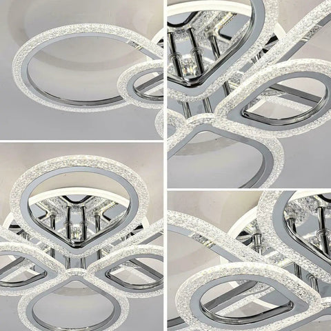 Close-up details of Six Ring LED Ceiling Light Fixture With Remote Control, Dimmable 3000K-6500K, Polished Chrome Finish, Acrylic Rings.