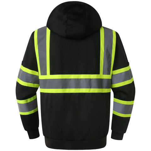 Back view of Hi-Vis Safety Zip-Up Hoodie Sweatshirt for Men and Women with Reflective Strips and Extended Trims Class 3 PPE.