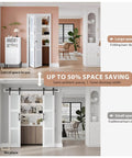 Bi Fold Doors For 30 By 80 Opening With Tempered Frosted Glass Closet Barn Door Concealed Hardware Kit MDF Wood Panel And Water Resistant PVC Surface No Fuss Easy Install Space Saving Interior Door showing space-saving design comparison between folding and traditional barn doors in a room setting.